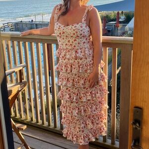 Wayf red and white floral midi dress